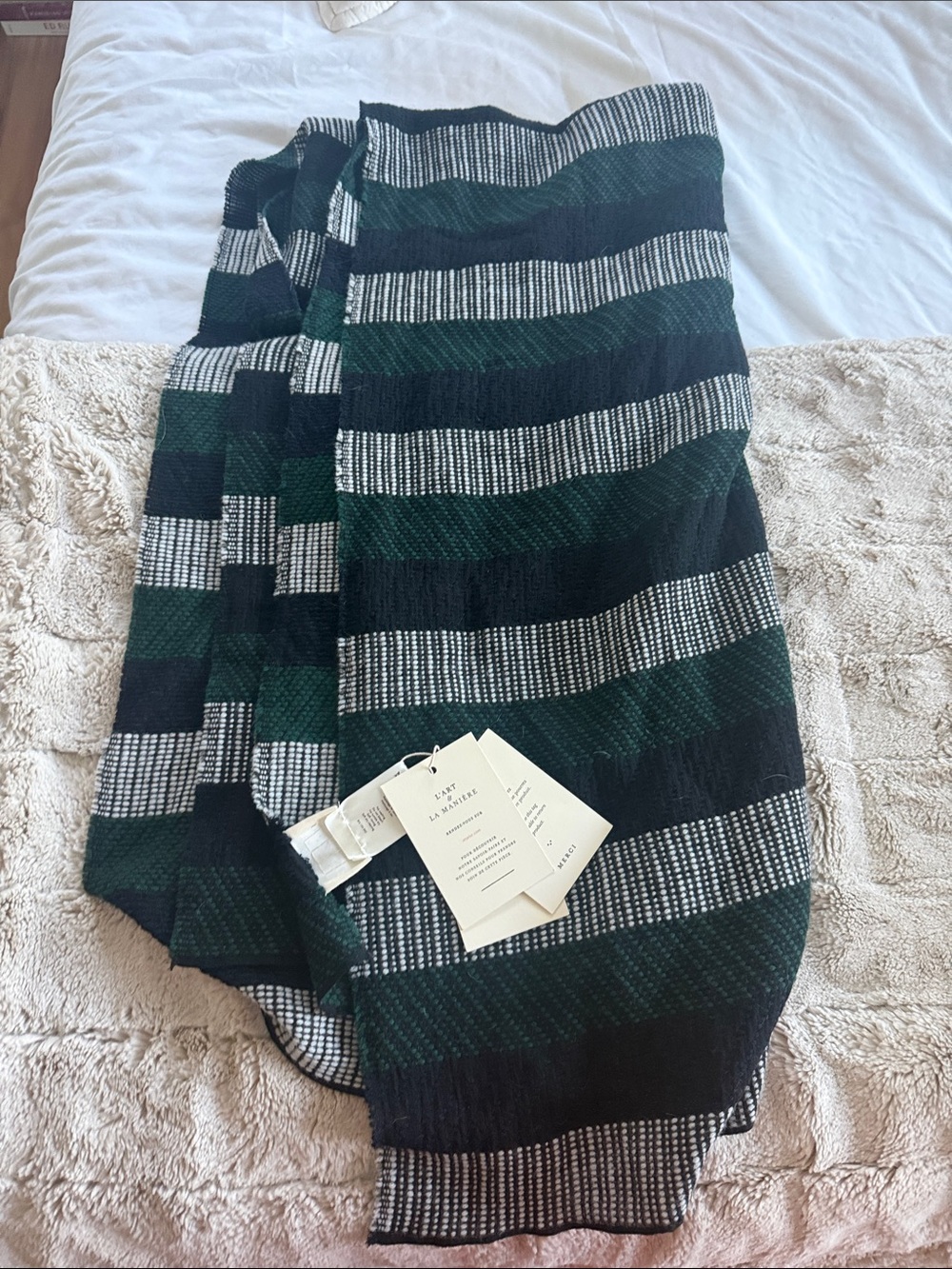 Sezane Striped Knit Scarf in Black, Green & White NWT